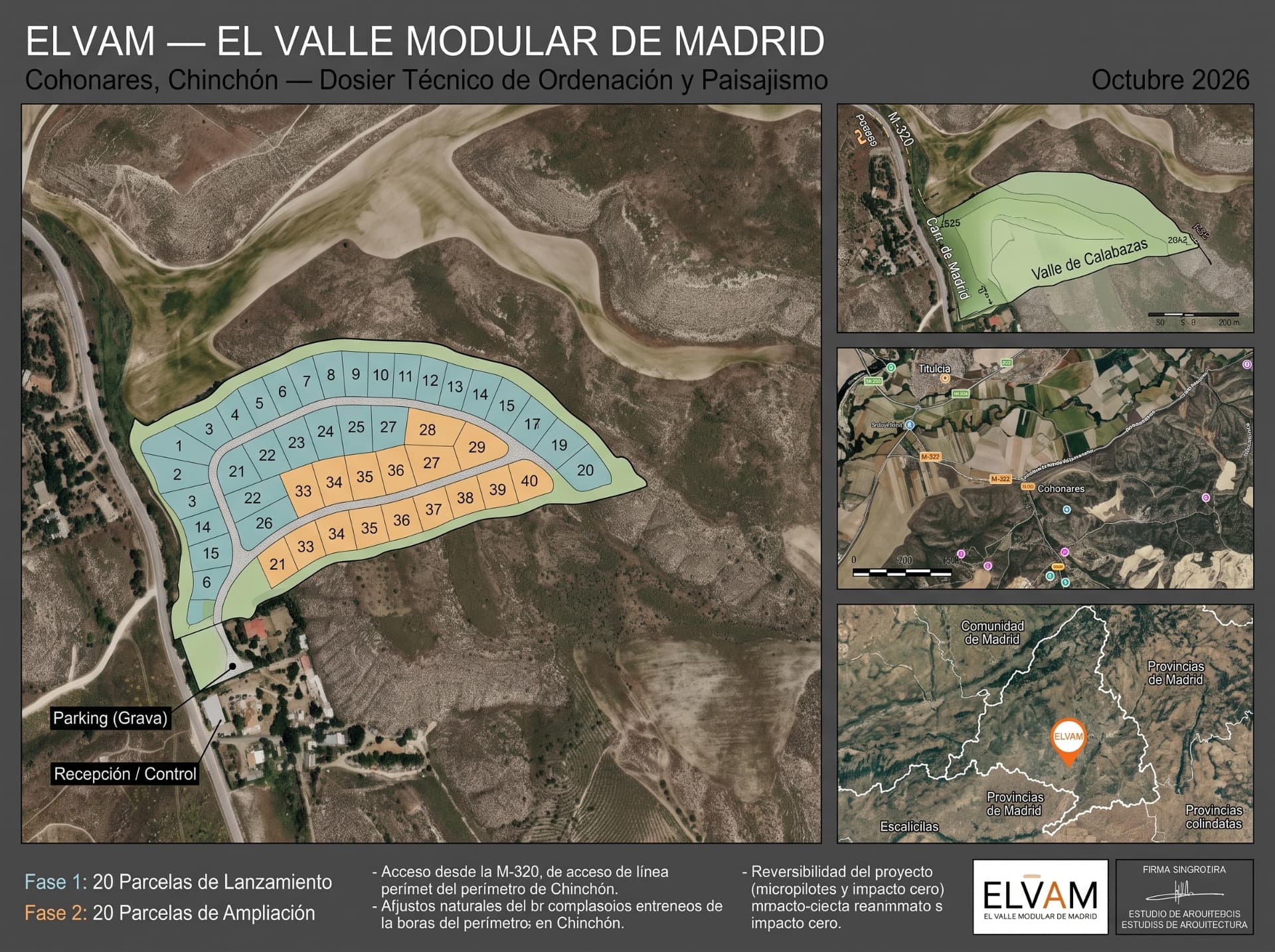 Lámina de conjunto con la propuesta de implantación y las vistas de contexto. Documentación visual pendiente de validación técnica.