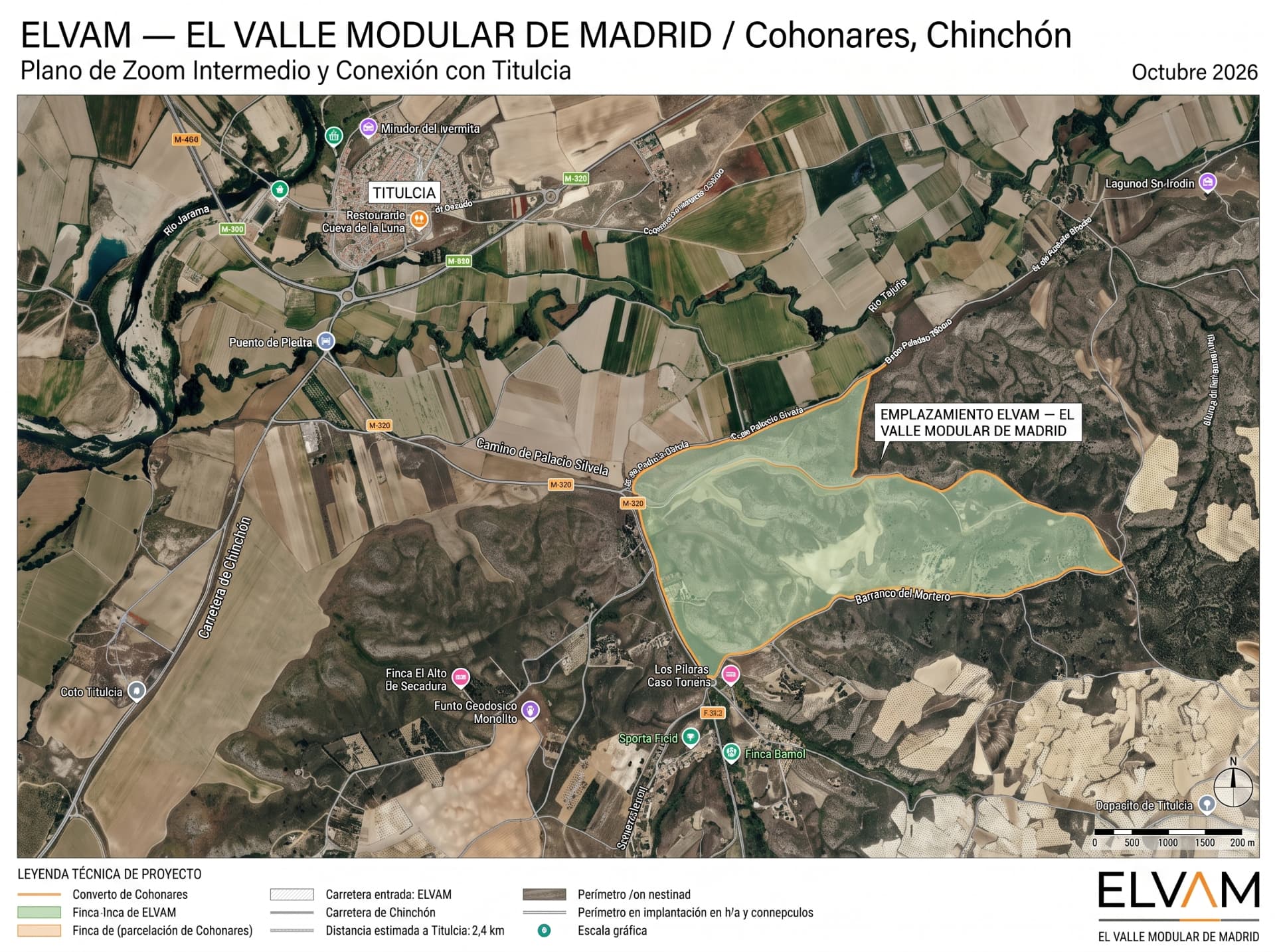 Representación del entorno rural y las conexiones próximas al emplazamiento. El perímetro dibujado es ilustrativo, no una delimitación de propiedad.