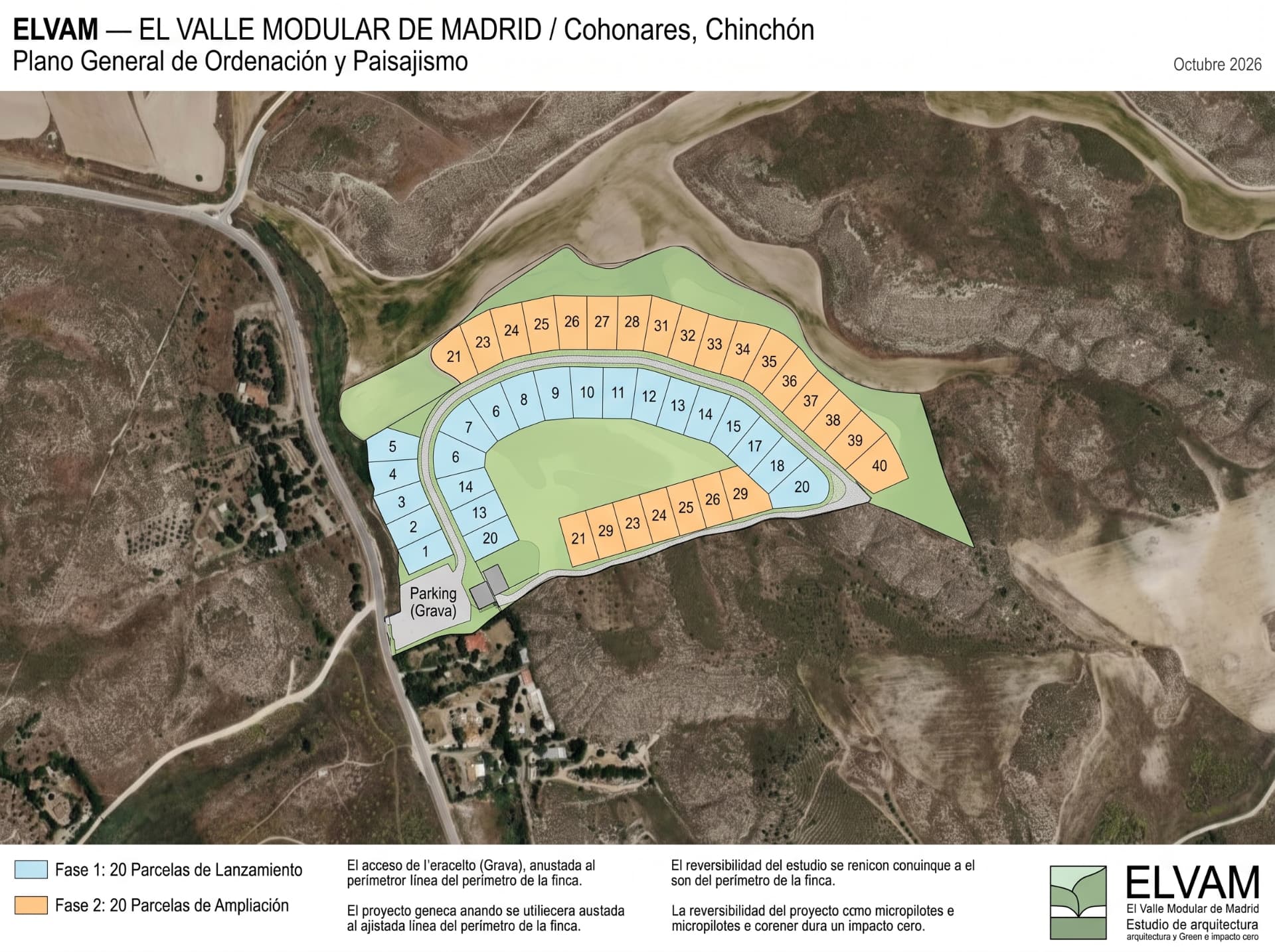 Propuesta ilustrativa de parcelas, circulación y paisajismo sobre el terreno. No constituye un plano topográfico ni una delimitación contractual de parcelas.