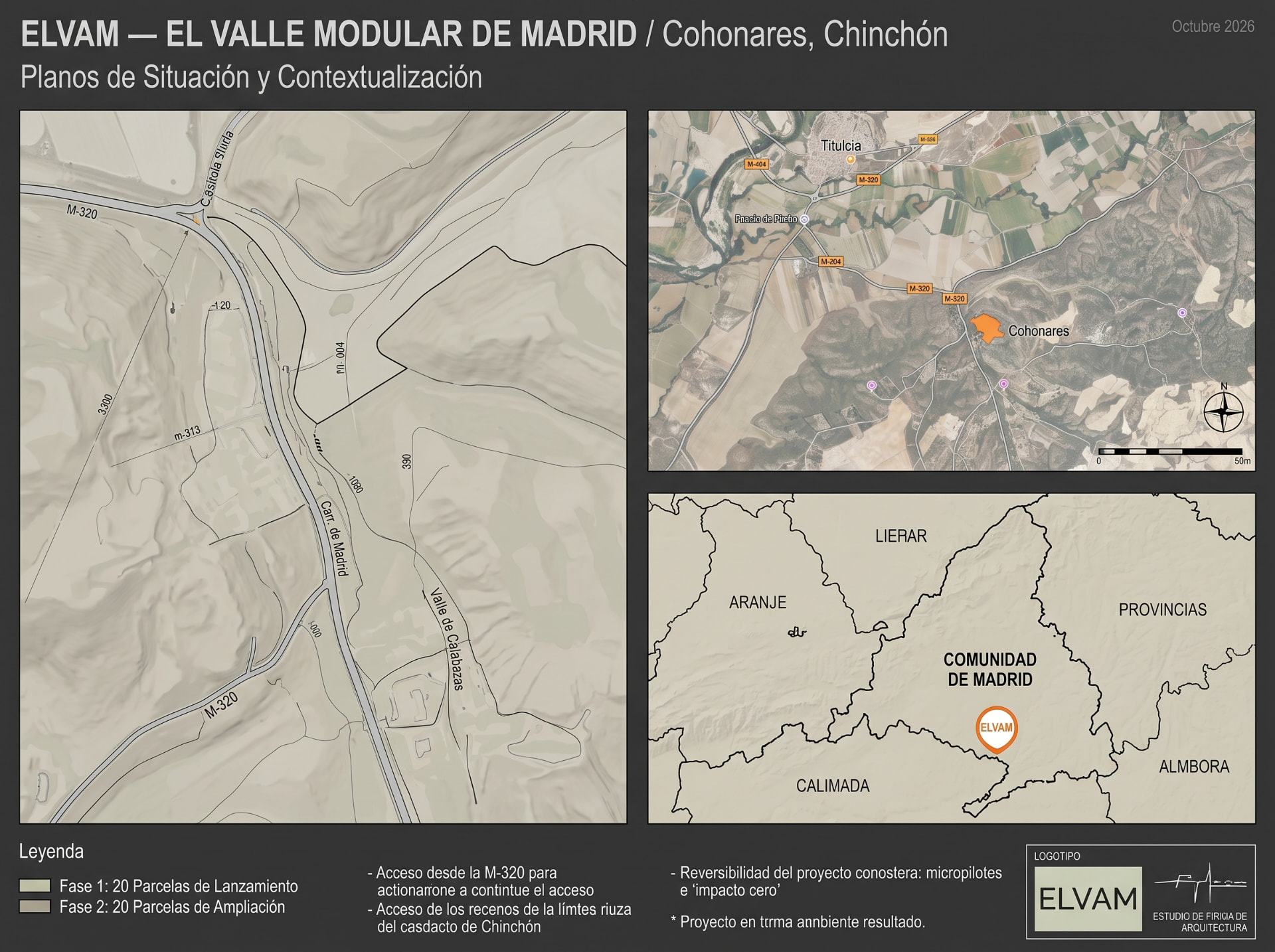 Representación del relieve, el entorno inmediato y la situación territorial del proyecto junto a la M-320. El recinto expositivo todavía no está montado.